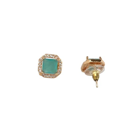 Elegant Turquoise & Gold-Tone Stud Earrings Sparkling Crystal Accents Square - Picture 4 of 5